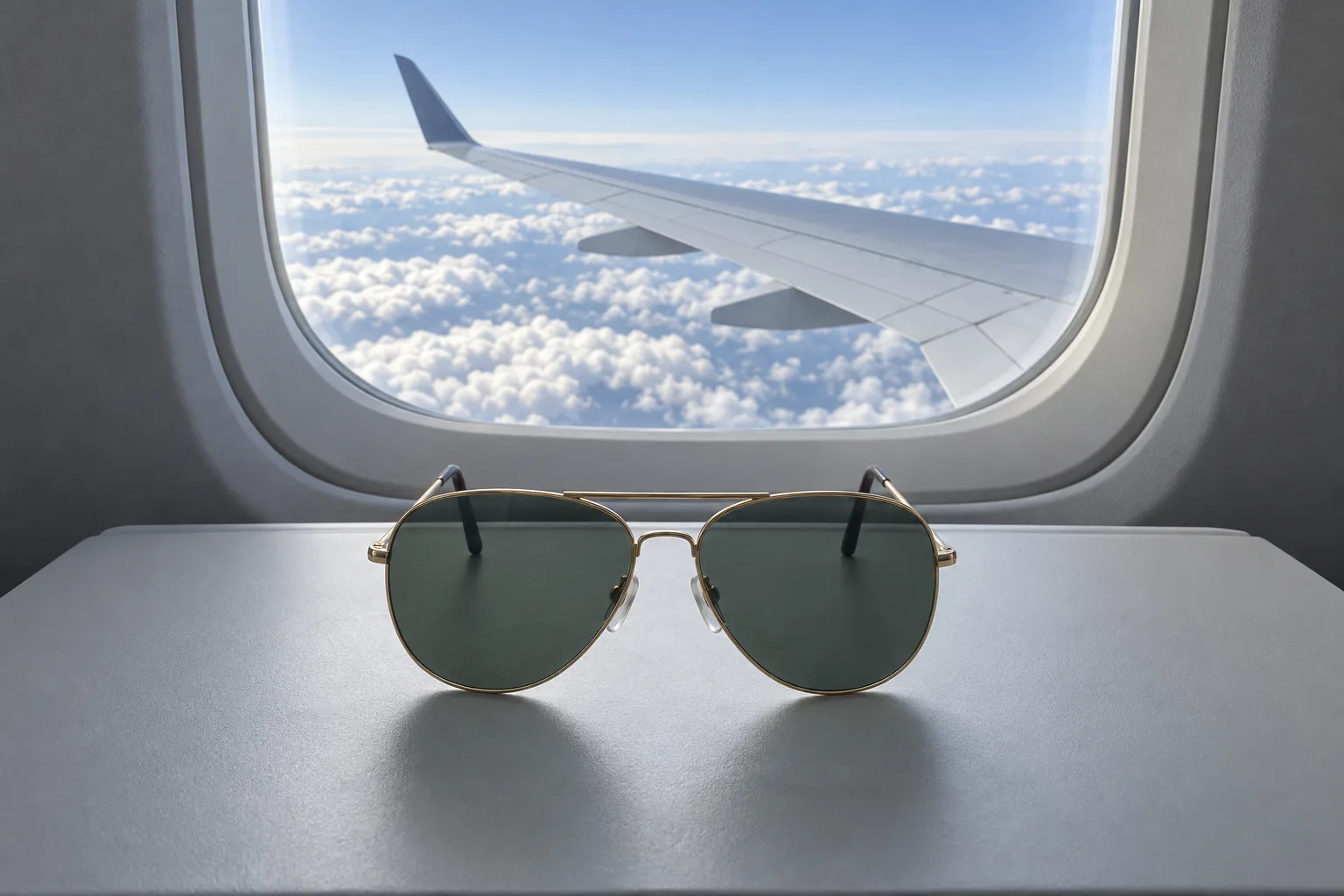Aviator sunglasses resting on a café table in bright sun