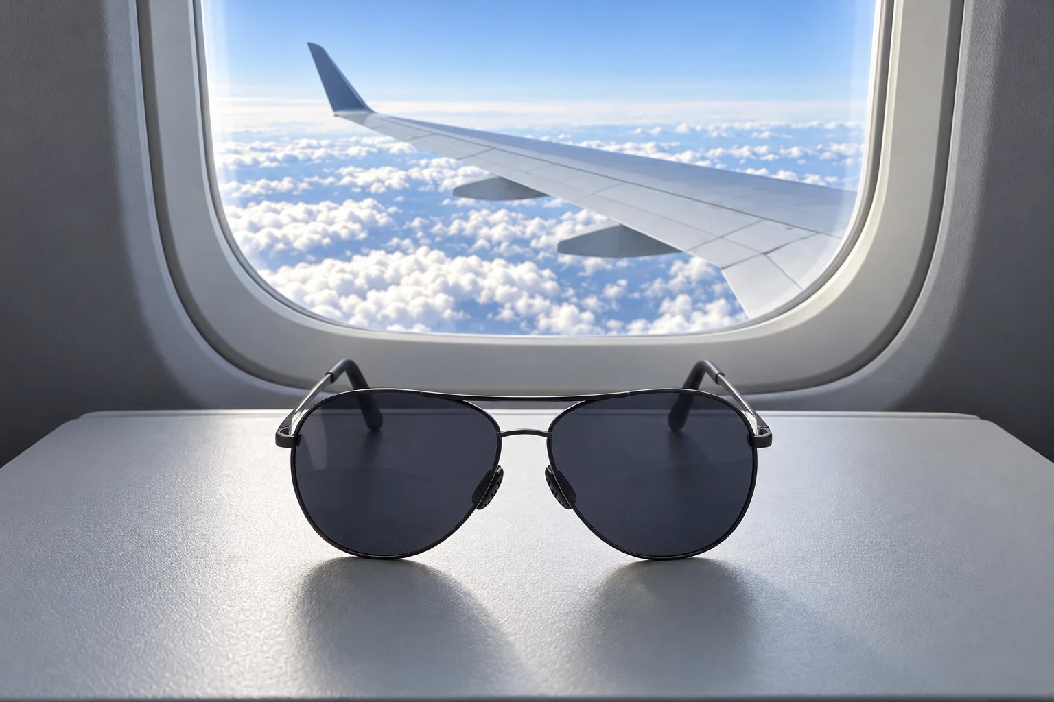 Aviator sunglasses resting on a café table in bright sun
