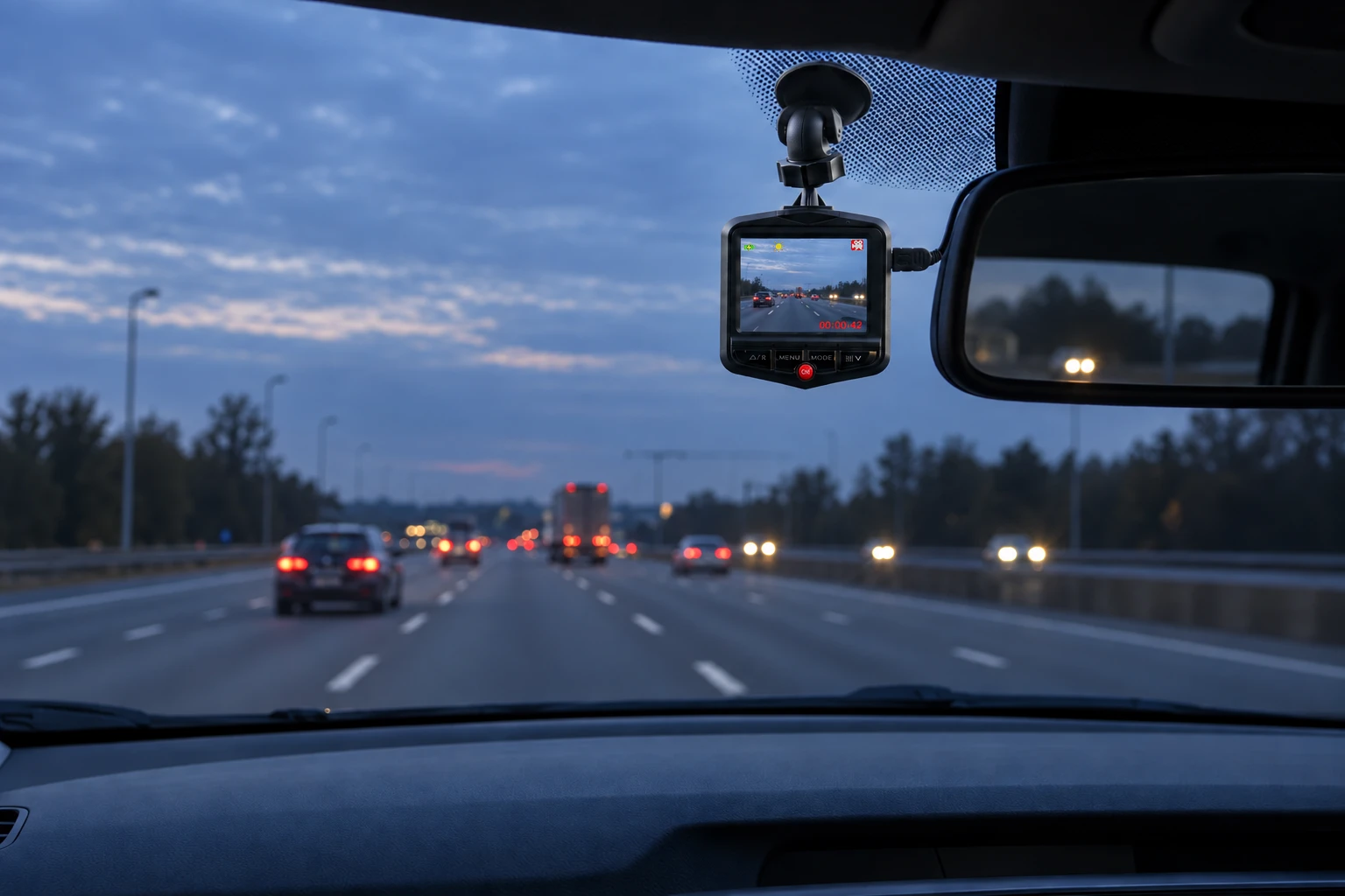 Dash cam mounted behind a windscreen at dusk