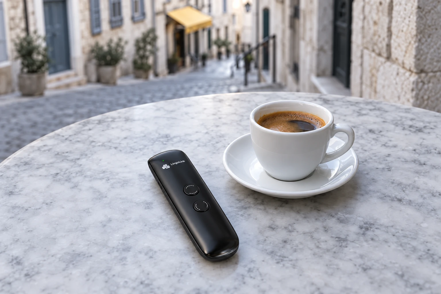 Handheld voice translator held up at a market stall abroad
