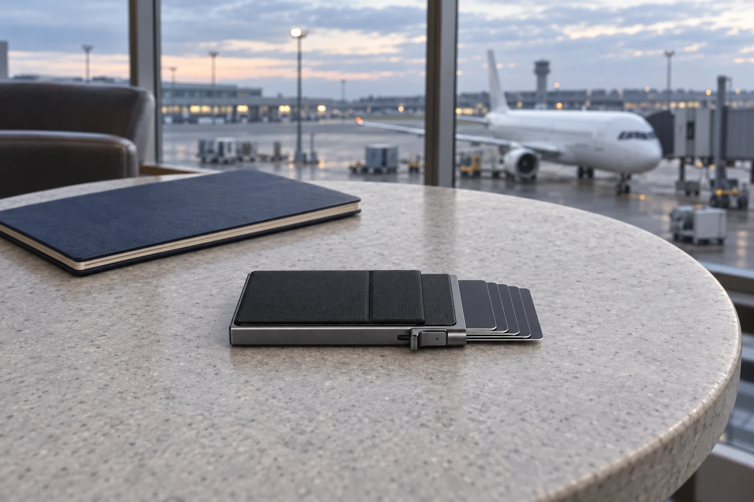 Slim RFID-blocking wallet fanned open with bank cards